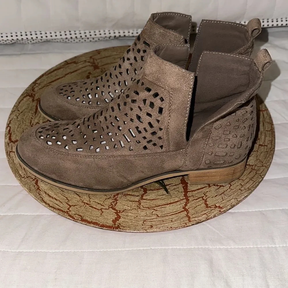 CG 9 Tan Faux Suede Laser Cut V Cut Ankle Booties